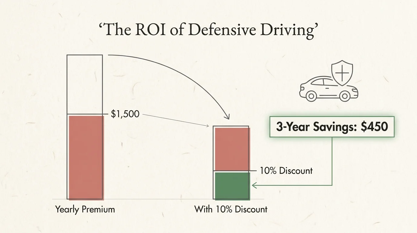 A clean financial diagram showing how a 10% discount on a $1,500 insurance premium leads to $450 in savings over three years.