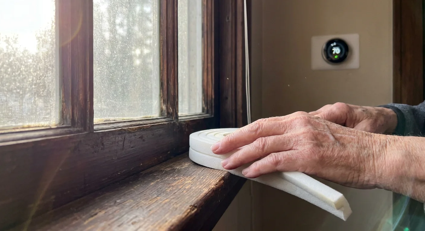 A close-up, candid photo of a senior's hands applying weather-stripping to a window to improve home energy efficiency.