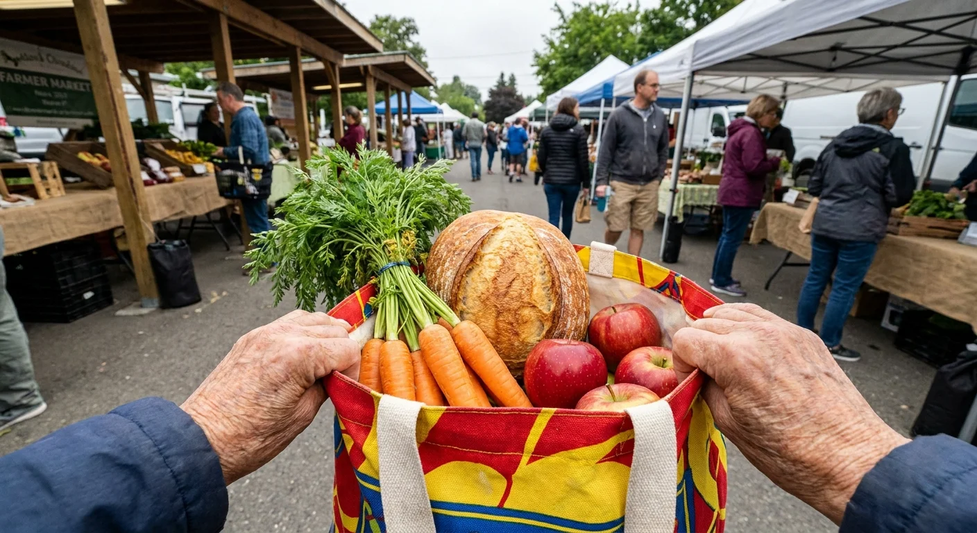 A close-up, first-person view of a person holding a bag of fresh groceries at an outdoor market.