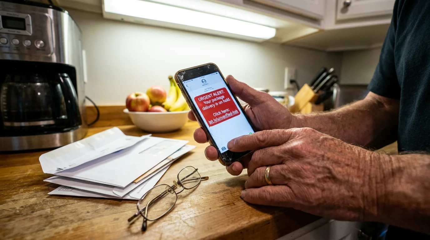 A close-up of a senior person's hands holding a phone with a suspicious scam notification, with mail and glasses nearby.