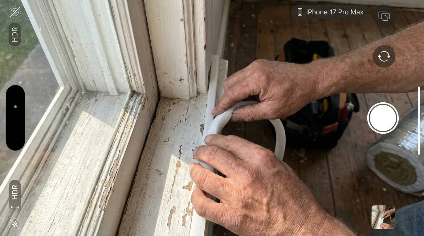 A close-up photo of hands installing weather stripping on an old window to improve home energy efficiency.