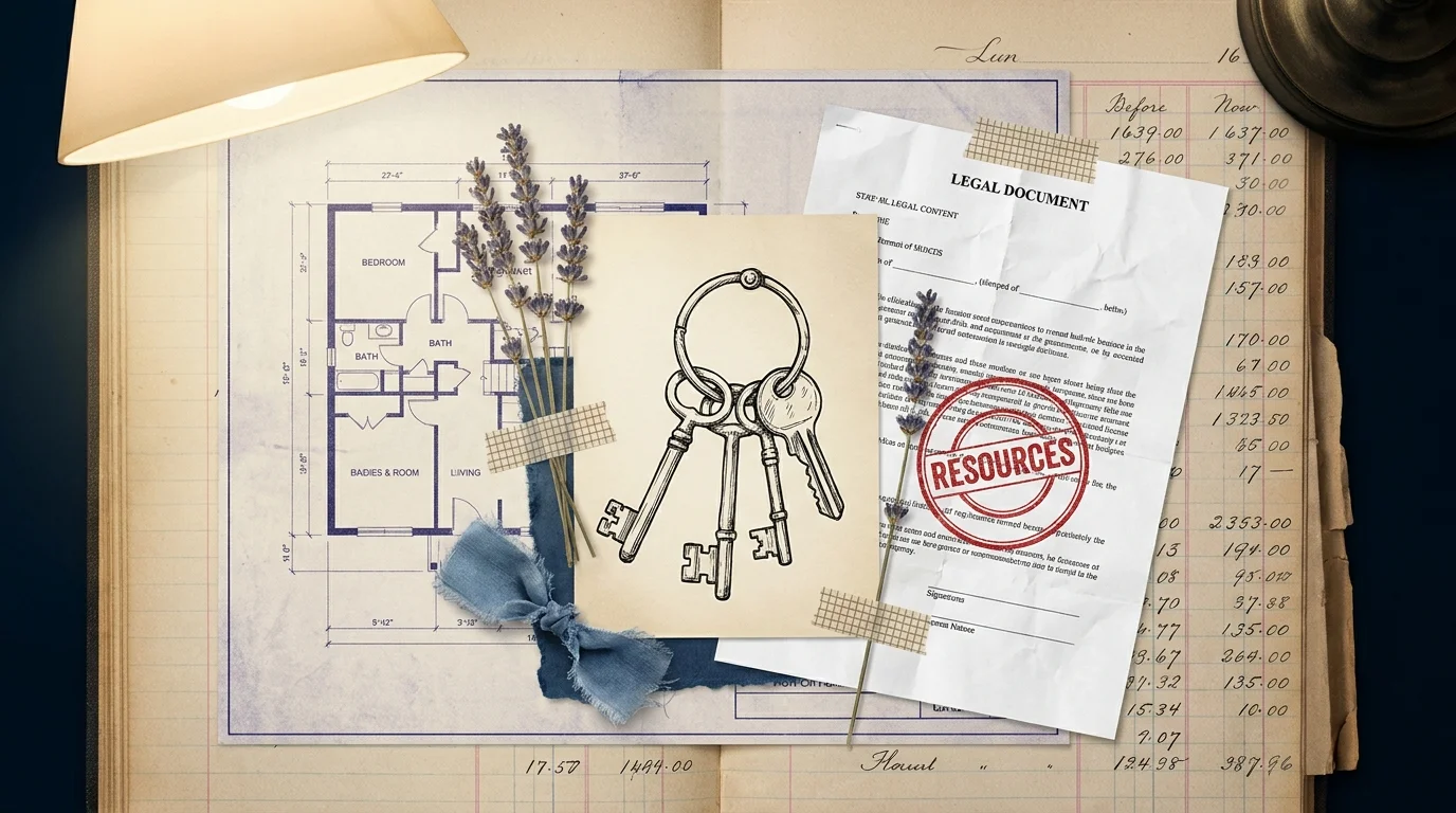 A collage of legal papers, a house blueprint, and a sketch of keys, representing legal and living resources.