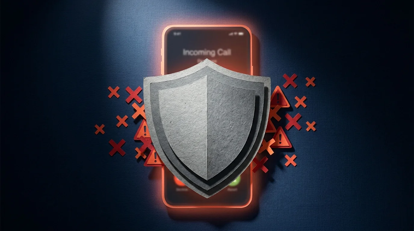 A conceptual image of a paper shield protecting a glowing phone from red warning symbols.