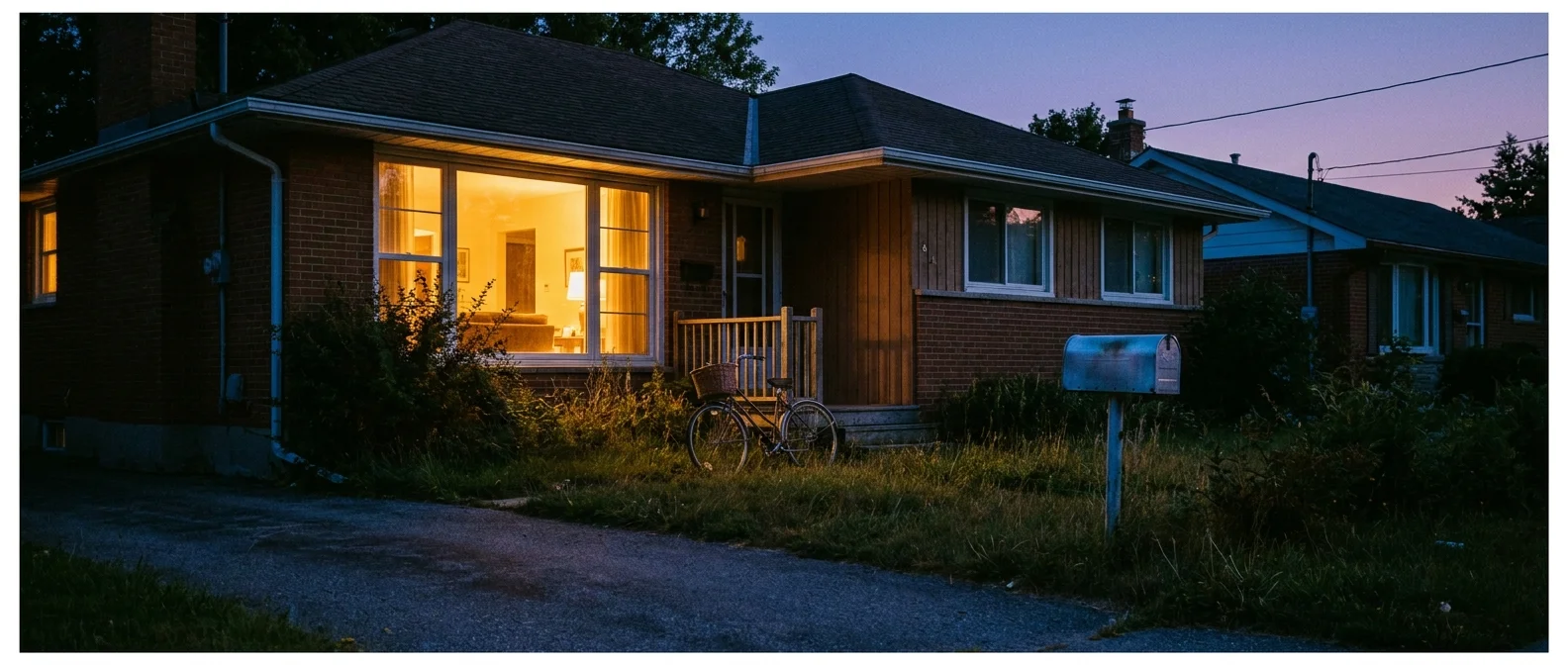 A cozy house at dusk with warm light glowing from the windows, symbolizing a secure and heated home.