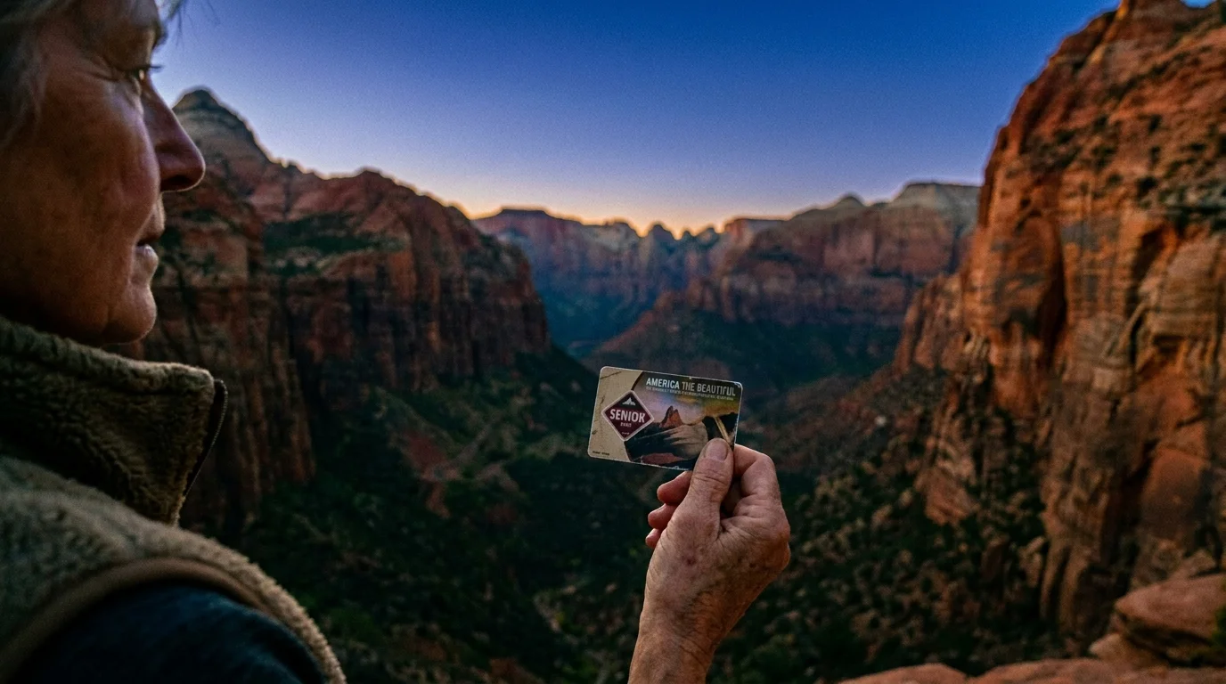 A film-style photograph of a senior's hand holding a National Park pass against a backdrop of a stunning mountain landscape at dusk.