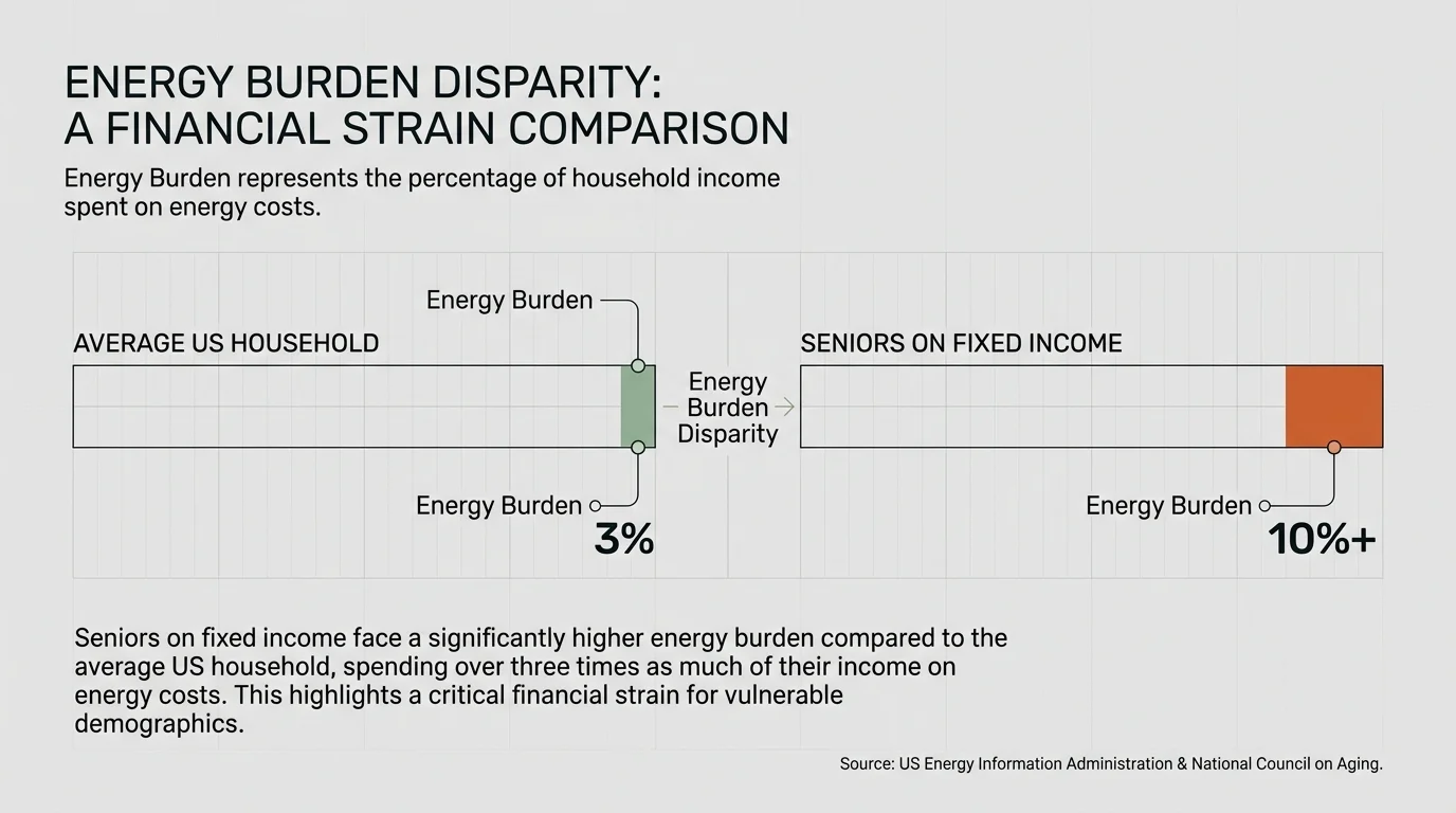 A horizontal bar chart comparing the 3 percent energy burden of average households to the 10 percent plus burden faced by seniors.