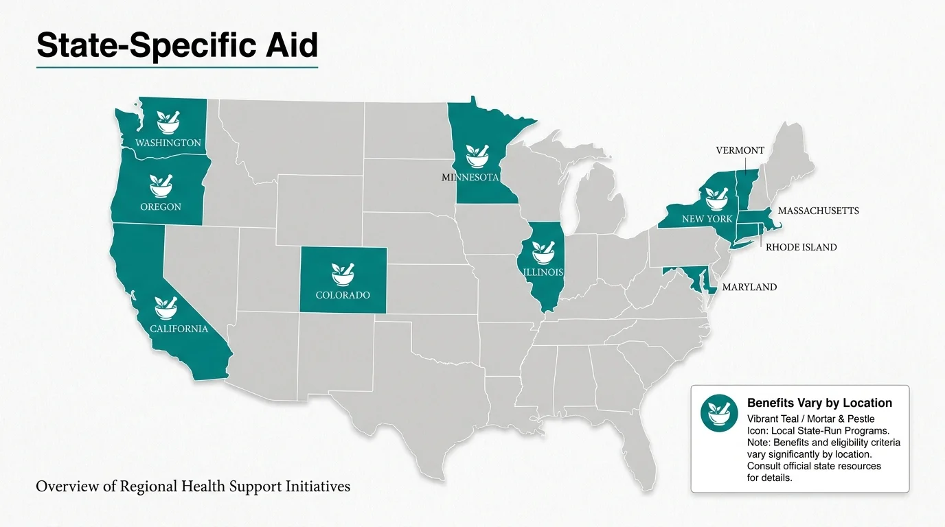 A map-based infographic highlighting that pharmaceutical assistance programs vary by state.
