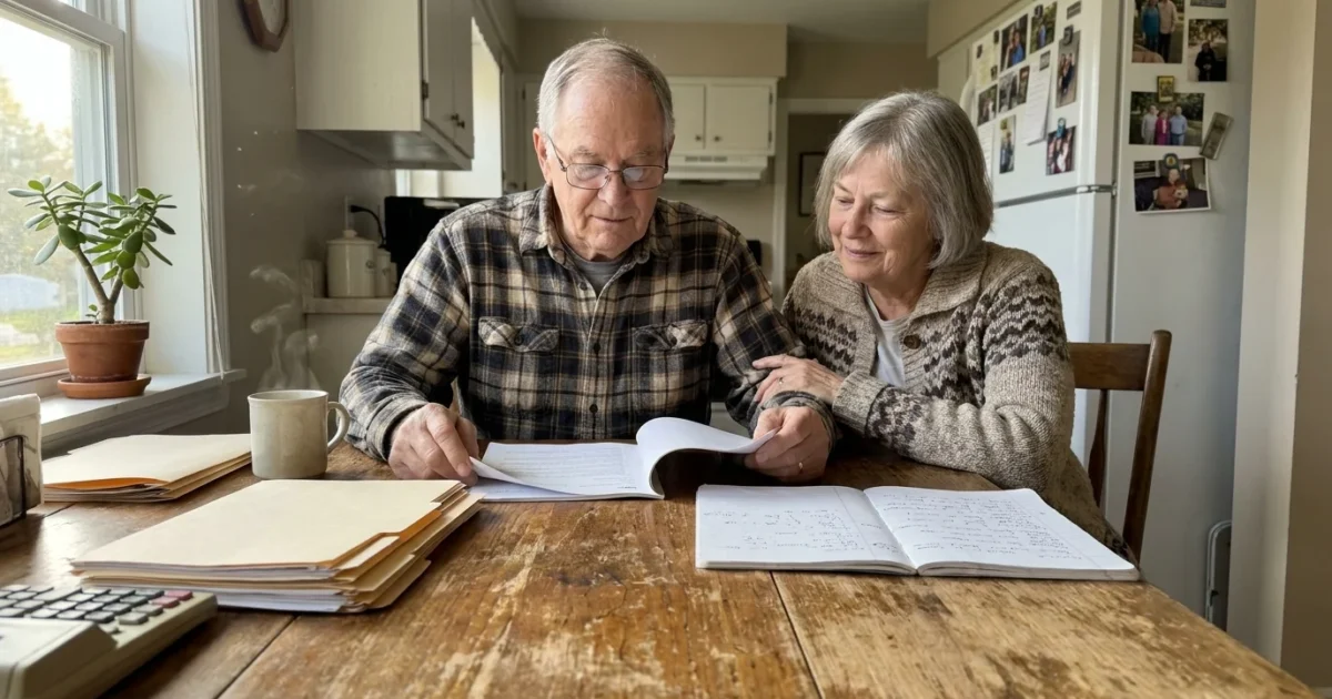 A senior couple sits at their kitchen table with paperwork and a mug of coffee, engaged in calm retirement planning.