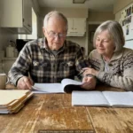 A senior couple sits at their kitchen table with paperwork and a mug of coffee, engaged in calm retirement planning.