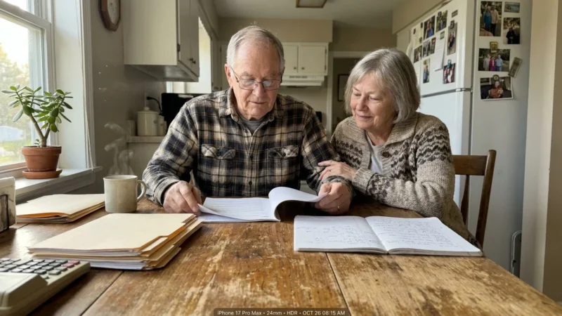 A senior couple sits at their kitchen table with paperwork and a mug of coffee, engaged in calm retirement planning.