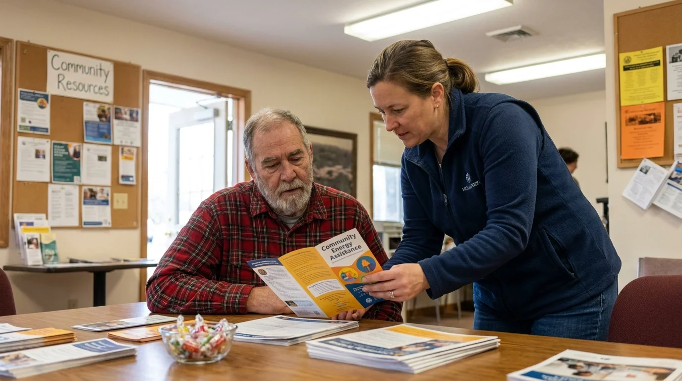 A senior man and a volunteer reviewing energy assistance brochures at a local community center.