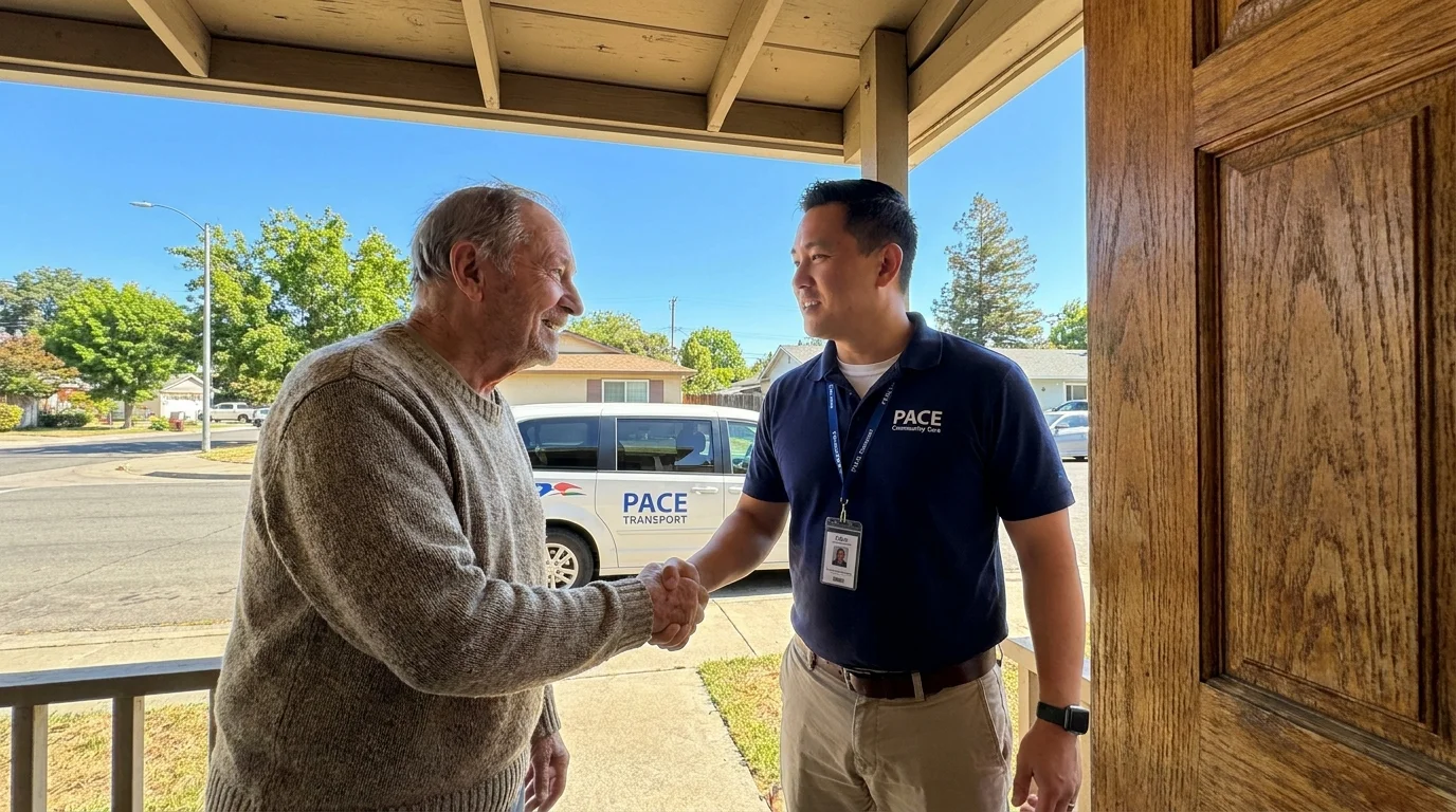 A senior man greeting a healthcare worker at his front door, with a PACE transport van in the background.