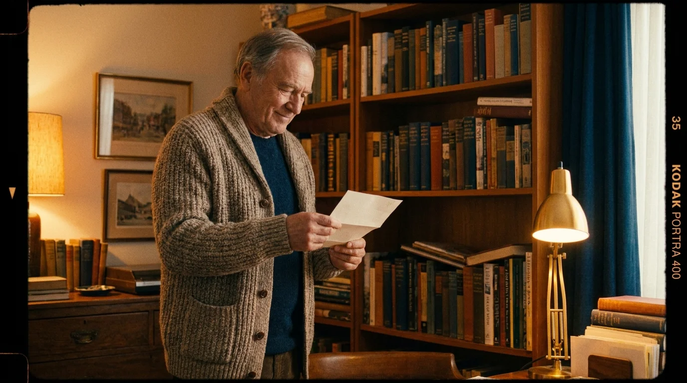 A senior man smiling while reading a letter in his home office, bathed in warm lamp light.