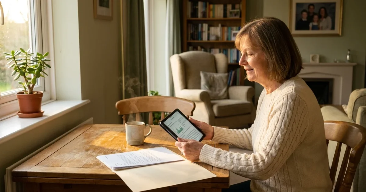 A senior woman smiling with relief while looking at her tablet at her kitchen table, representing financial peace of mind.