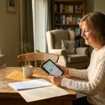 A senior woman smiling with relief while looking at her tablet at her kitchen table, representing financial peace of mind.