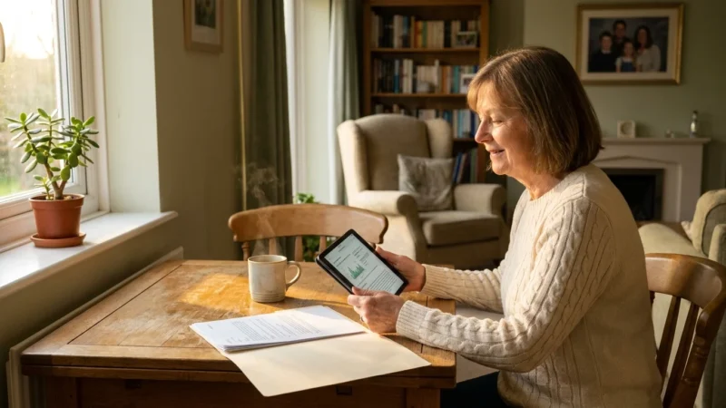 A senior woman smiling with relief while looking at her tablet at her kitchen table, representing financial peace of mind.