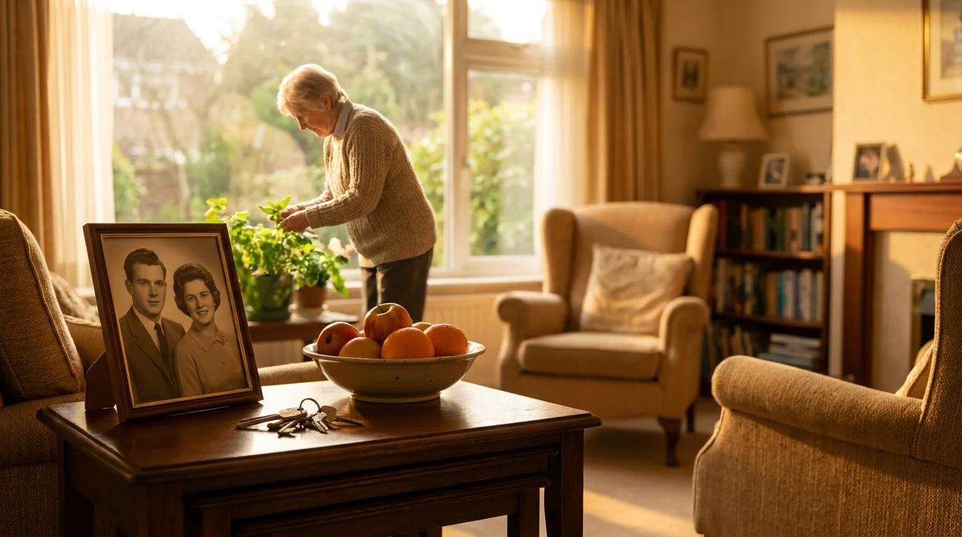 A sharp foreground of house keys and a family photo with a blurred background of a senior woman gardening, symbolizing home protection.