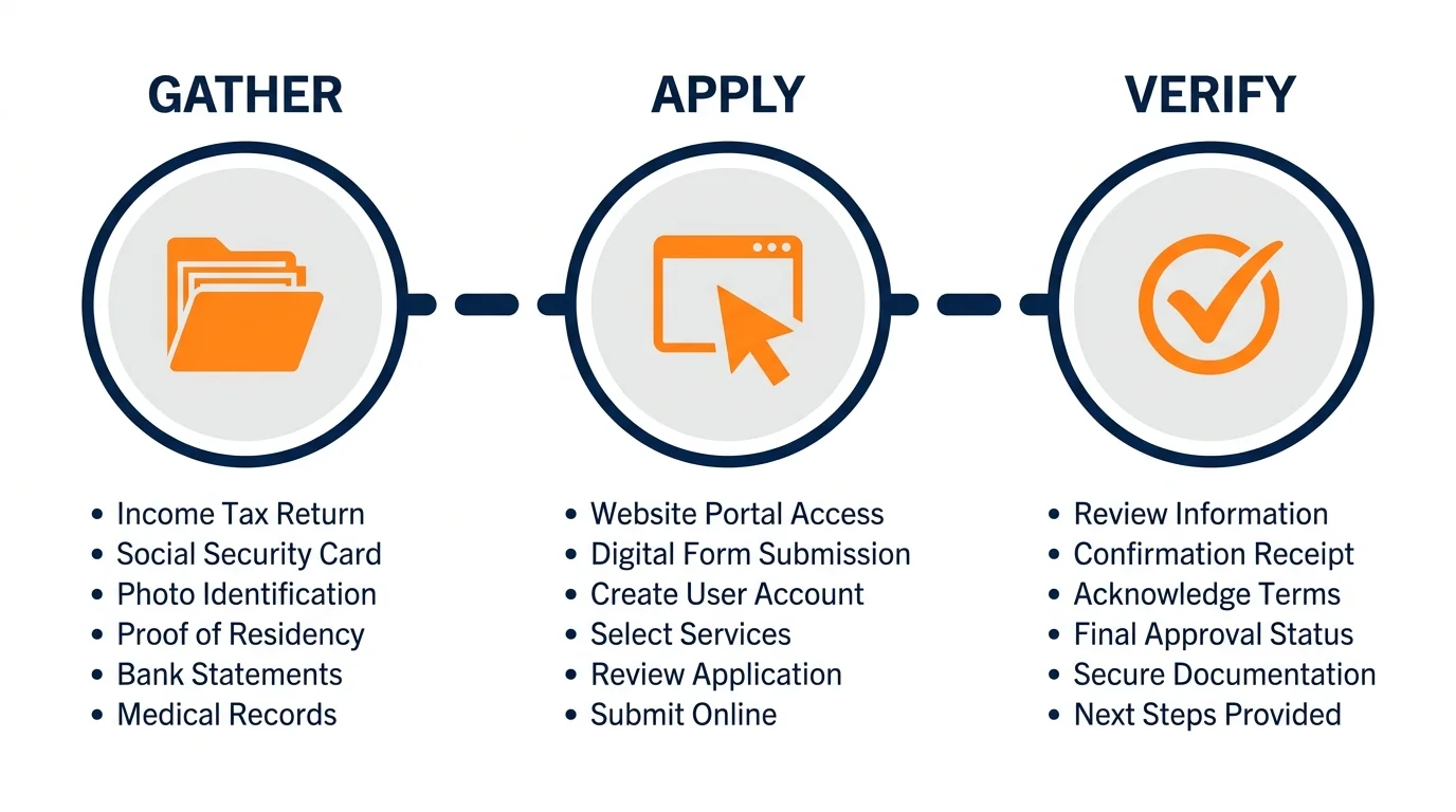 A three-step infographic showing the process of gathering documents, applying online, and verifying eligibility.