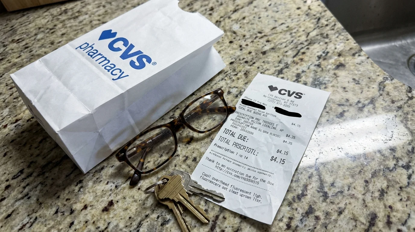 A top-down snapshot of a pharmacy bag and a receipt showing a $0.00 balance, representing Medicaid coverage.