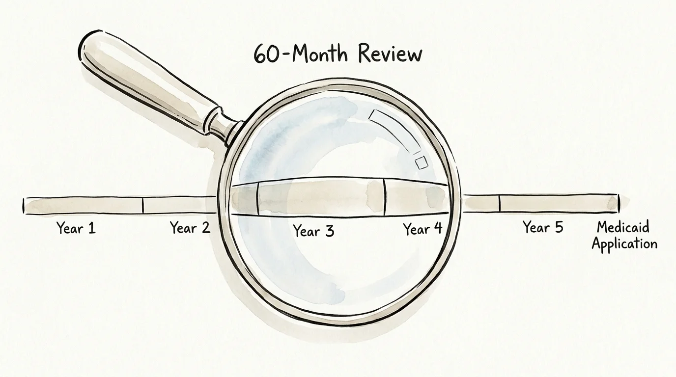 A watercolor illustration of a 5-year timeline being examined by a magnifying glass, representing the Medicaid look-back period.