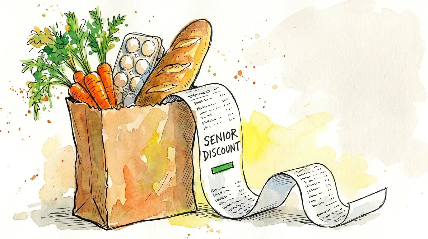A whimsical watercolor sketch of a grocery bag with a receipt highlighting a 'Senior Discount' line item.