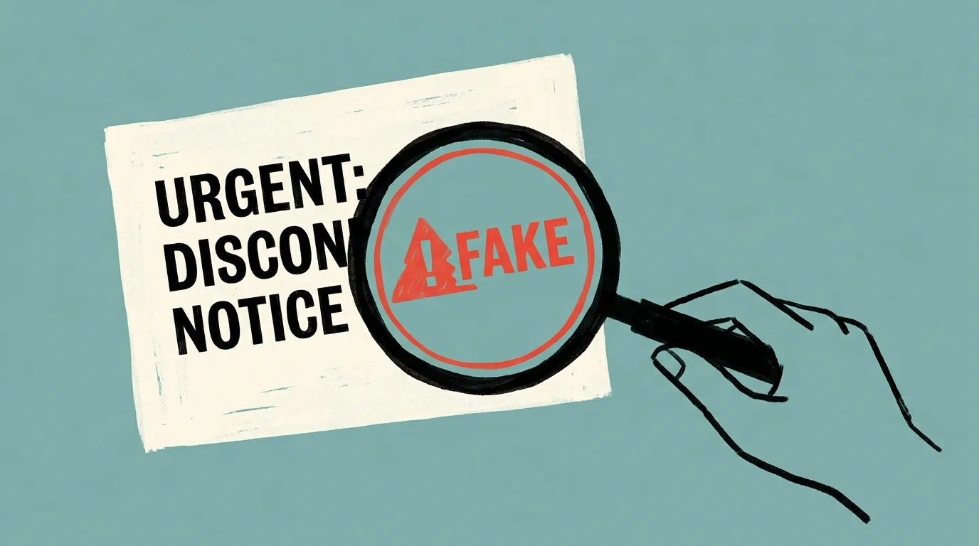 An illustration of a magnifying glass revealing a fake utility disconnect notice, warning against scams.