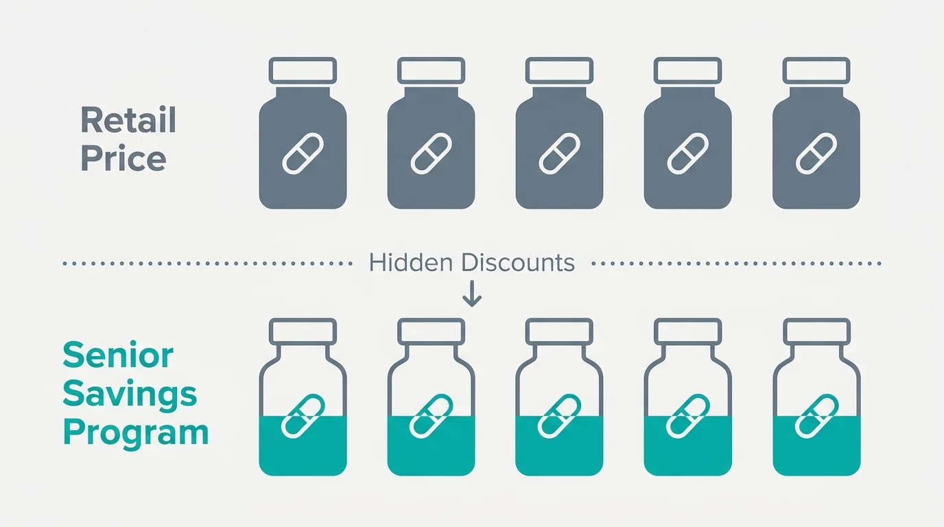 An infographic comparing retail prescription costs to senior savings programs using pill bottle icons and clear labels.