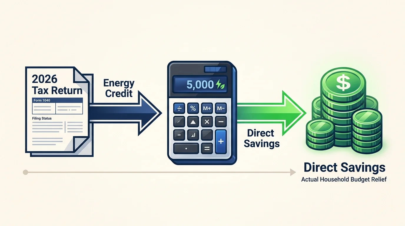 An infographic showing the flow from a tax return energy credit to direct household savings.