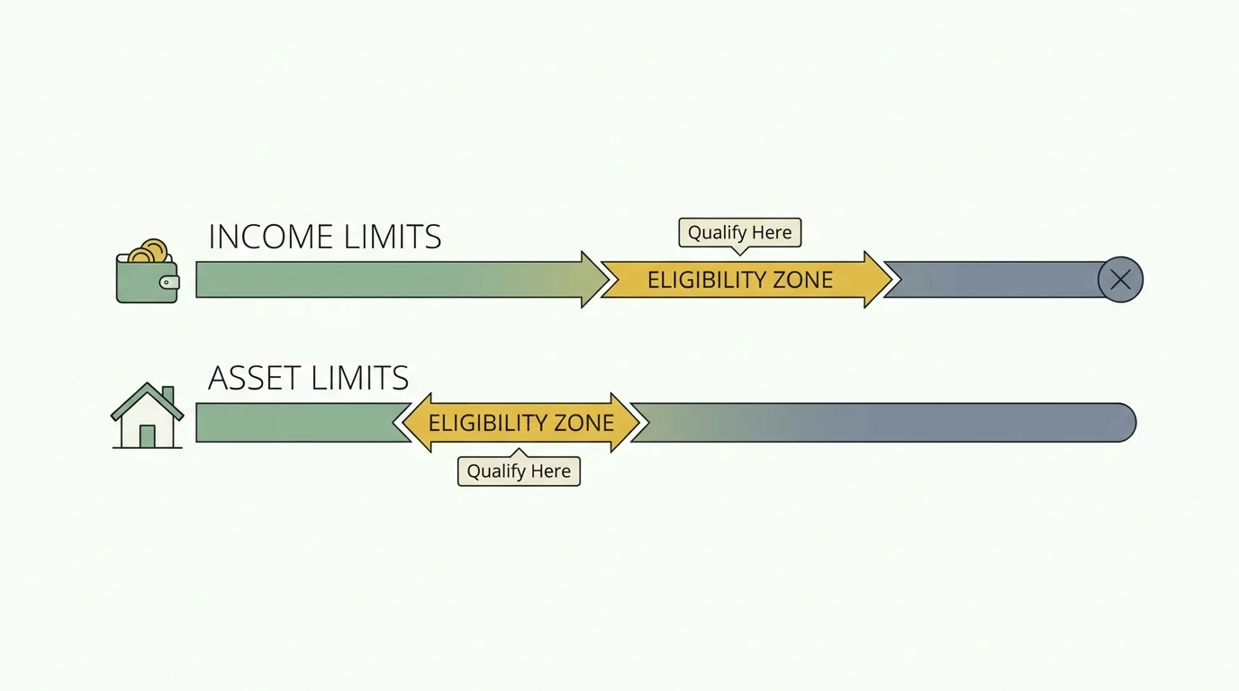 An infographic showing two scales representing income and asset limits for Medicaid eligibility.