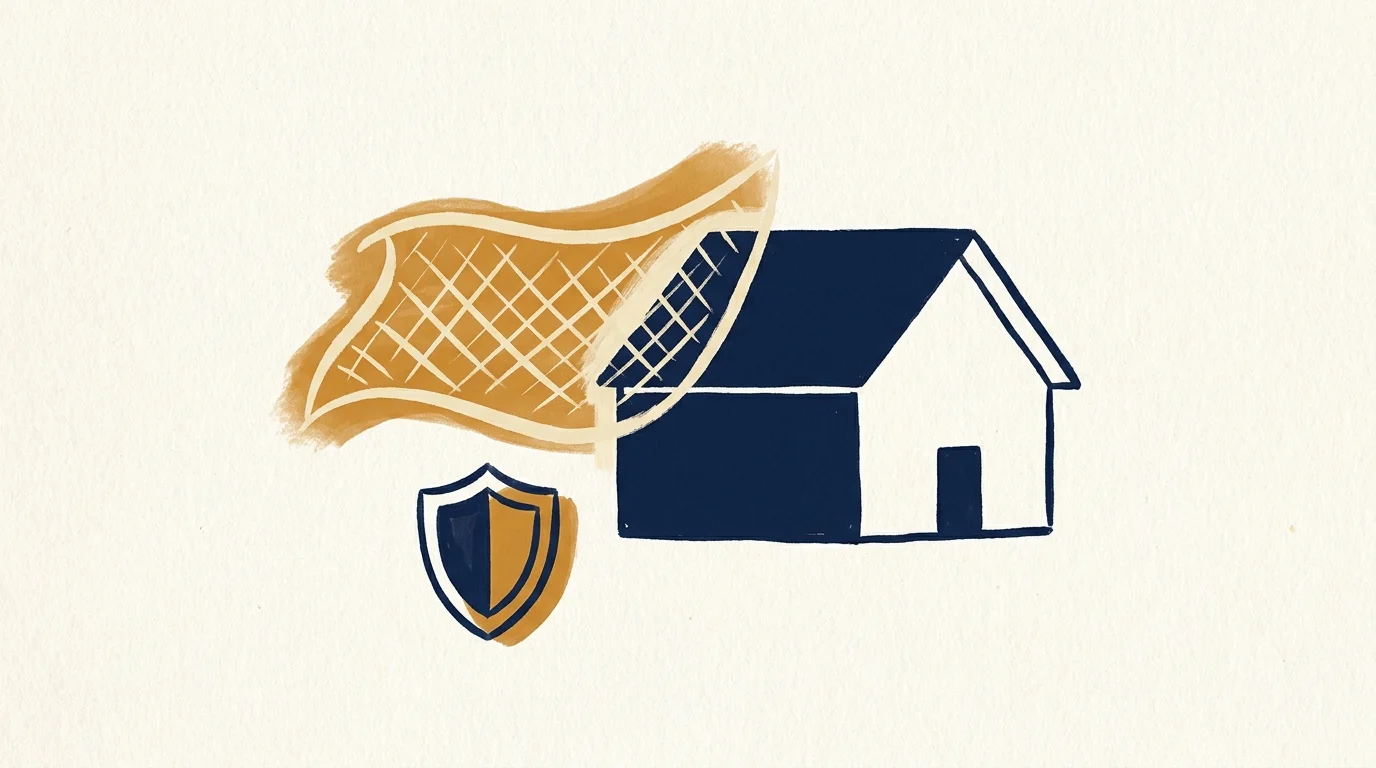 An ink and gouache drawing of a house silhouette protected by a stylized shield, representing estate protection.