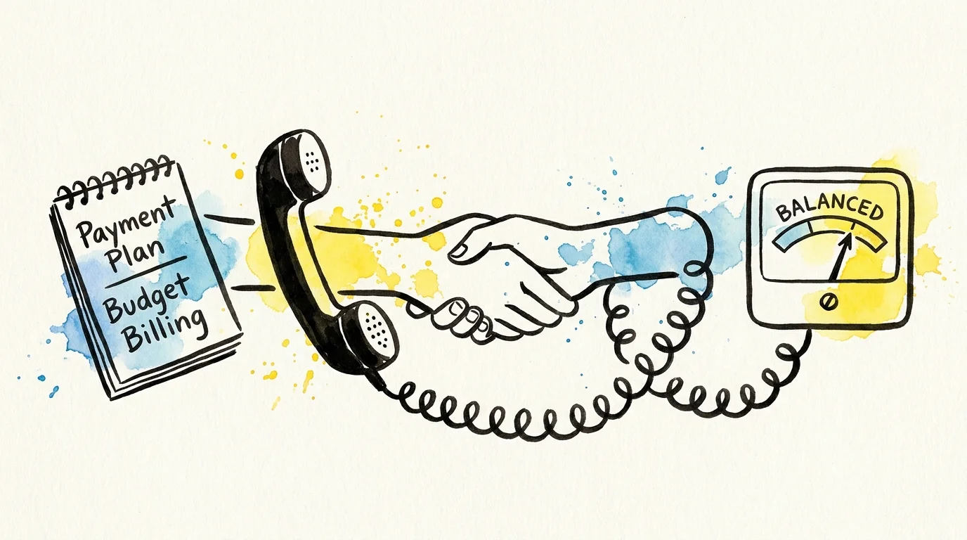 An ink drawing of a phone cord forming a handshake, symbolizing a successful negotiation with a utility company.