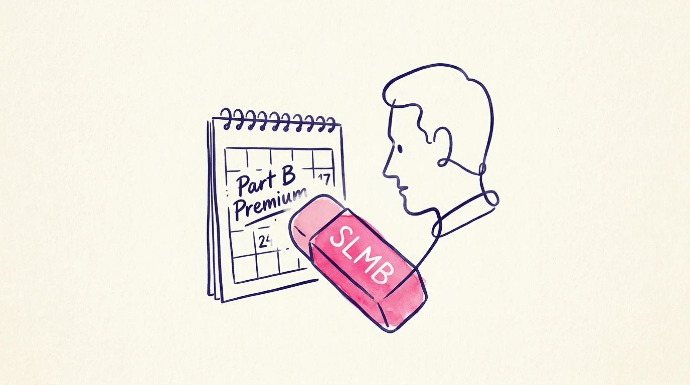 An ink drawing of an eraser labeled SLMB removing a premium payment from a calendar.