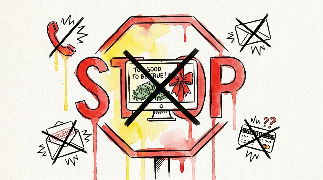 An ink illustration of a red warning sign over common scam tactics like urgent phone calls and credit card requests.