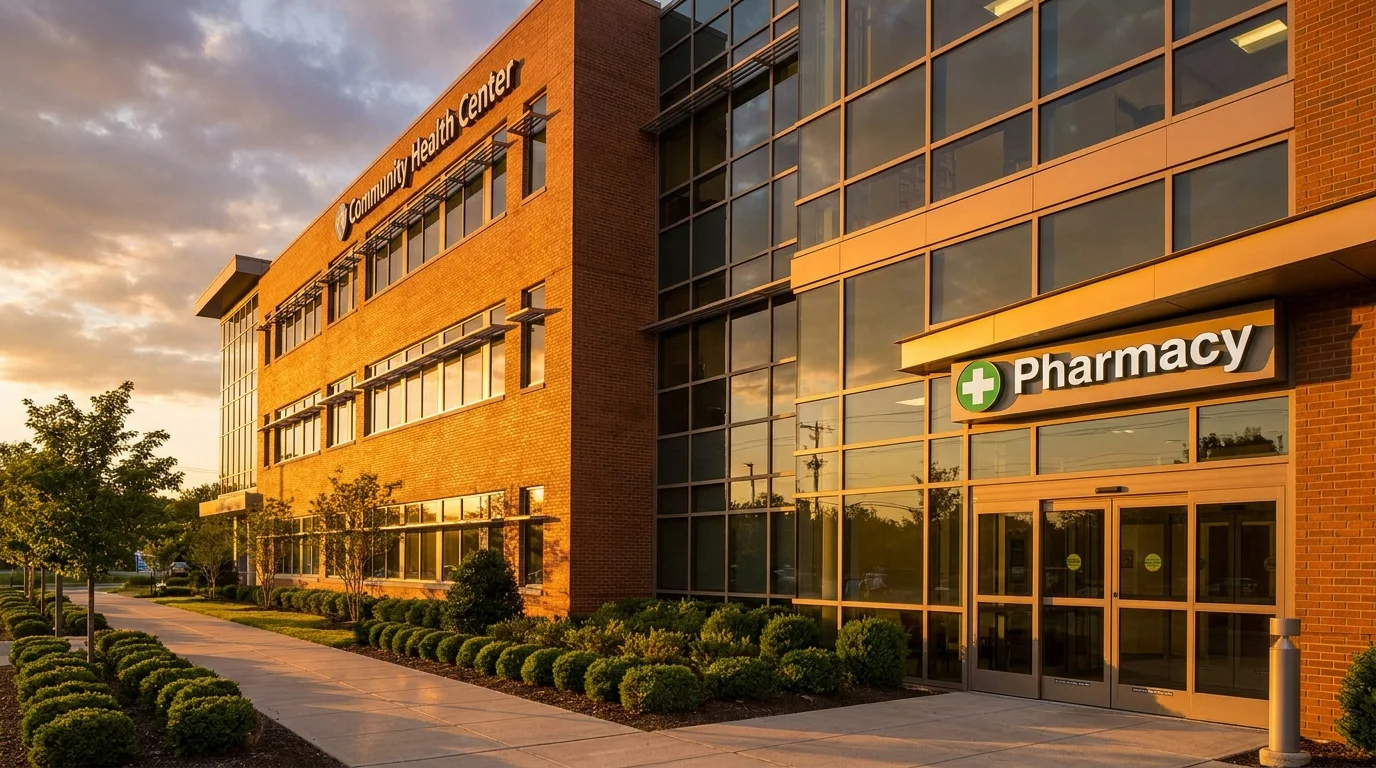 An inviting community health center building with a prominent 'Pharmacy' sign at sunset.