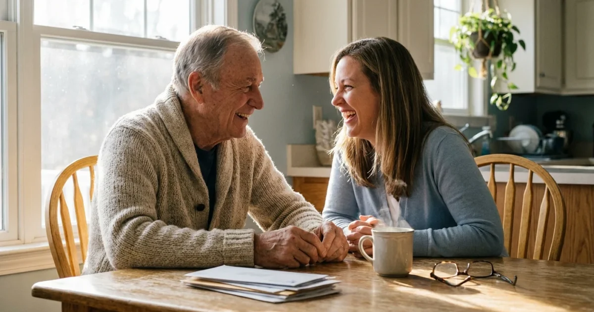 An older man and his daughter laughing together at a kitchen table with paperwork and coffee, in warm morning light.