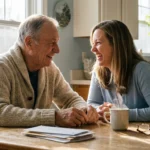An older man and his daughter laughing together at a kitchen table with paperwork and coffee, in warm morning light.