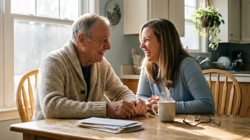 An older man and his daughter laughing together at a kitchen table with paperwork and coffee, in warm morning light.