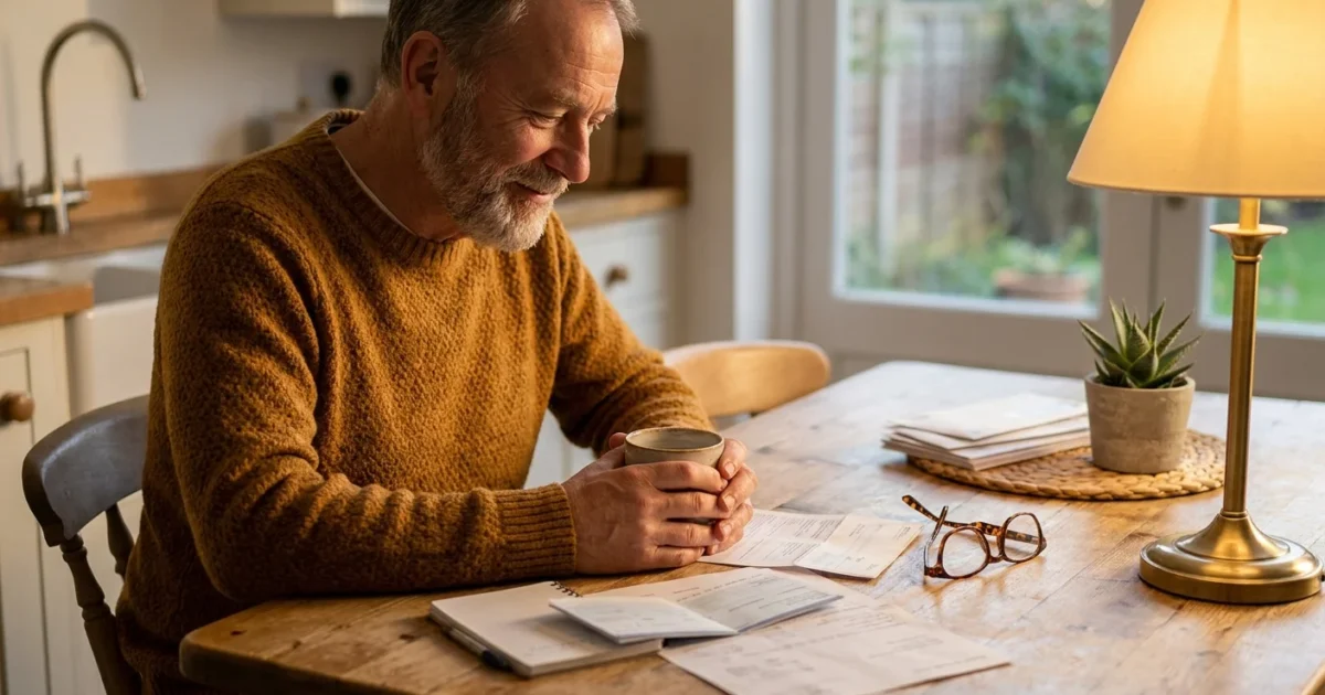 An older man sitting at a sunlit kitchen table, calmly reviewing financial documents with a cup of tea, representing financial security.