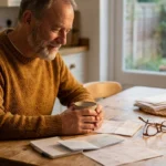 An older man sitting at a sunlit kitchen table, calmly reviewing financial documents with a cup of tea, representing financial security.