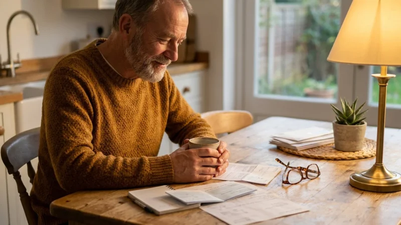 An older man sitting at a sunlit kitchen table, calmly reviewing financial documents with a cup of tea, representing financial security.
