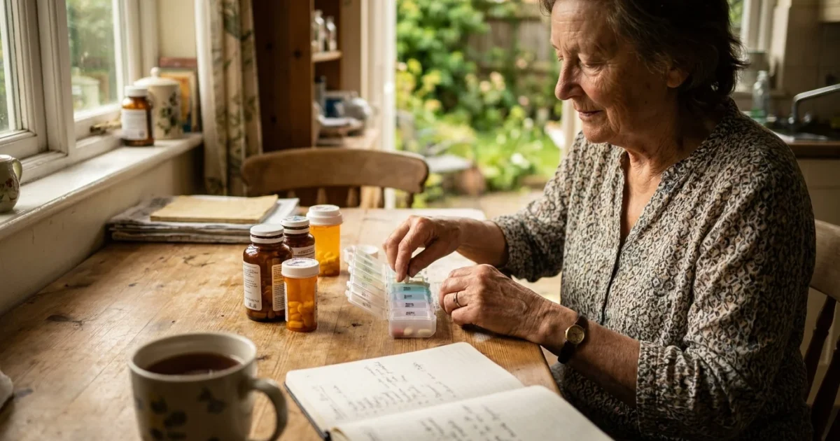 An older woman calmly organizes her medication at a sunlit kitchen table, symbolizing the relief of prescription assistance.