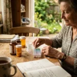 An older woman calmly organizes her medication at a sunlit kitchen table, symbolizing the relief of prescription assistance.