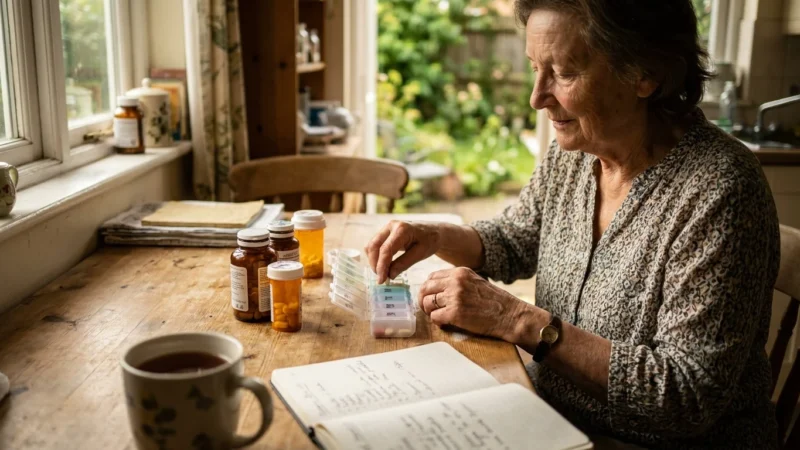 An older woman calmly organizes her medication at a sunlit kitchen table, symbolizing the relief of prescription assistance.