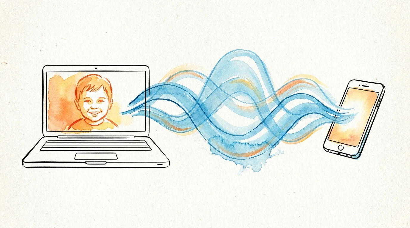 Minimalist ink and watercolor drawing of a laptop and phone connected by blue waves, showing a video call with a family member.
