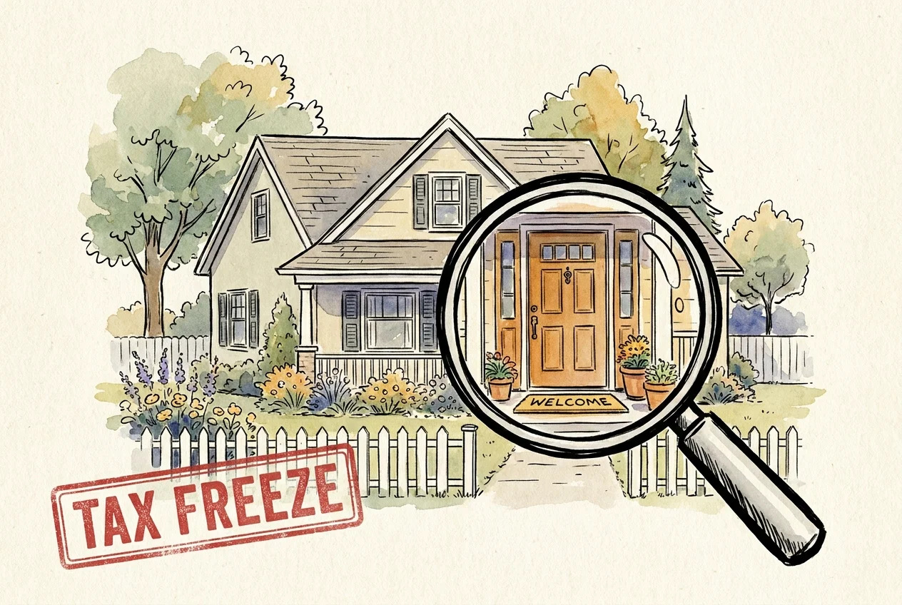 Watercolor illustration of a cozy house under a magnifying glass with a 'Tax Freeze' stamp, symbolizing property tax protection.