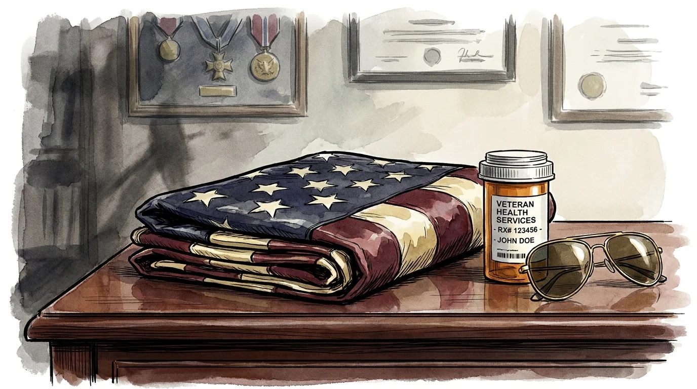 Watercolor illustration of a folded American flag and a prescription bottle on a desk.