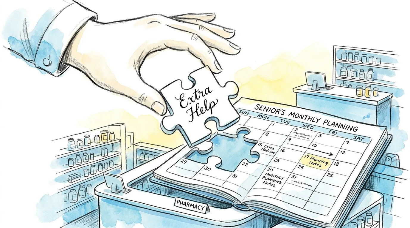 Watercolor illustration of a hand placing an 'Extra Help' puzzle piece into a senior's financial plan.