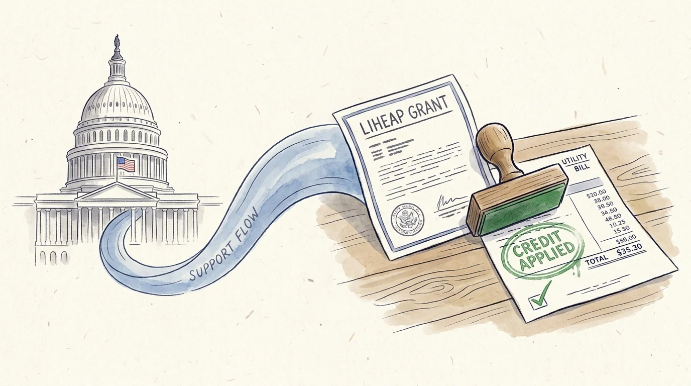 Watercolor illustration showing a LIHEAP grant being applied as a credit directly to a utility bill.