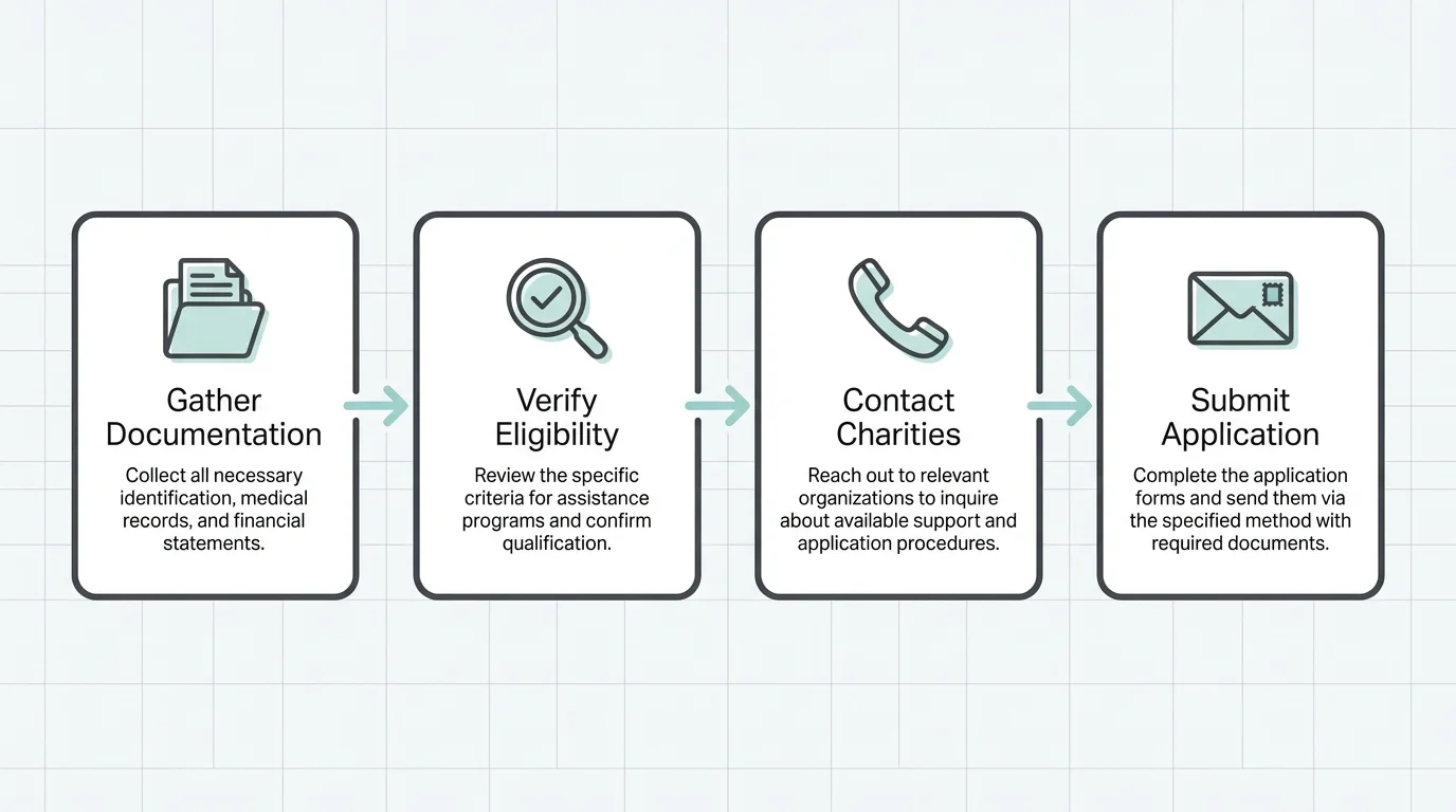 A 4-step infographic showing the process of gathering documents, verifying eligibility, and applying for charity aid.