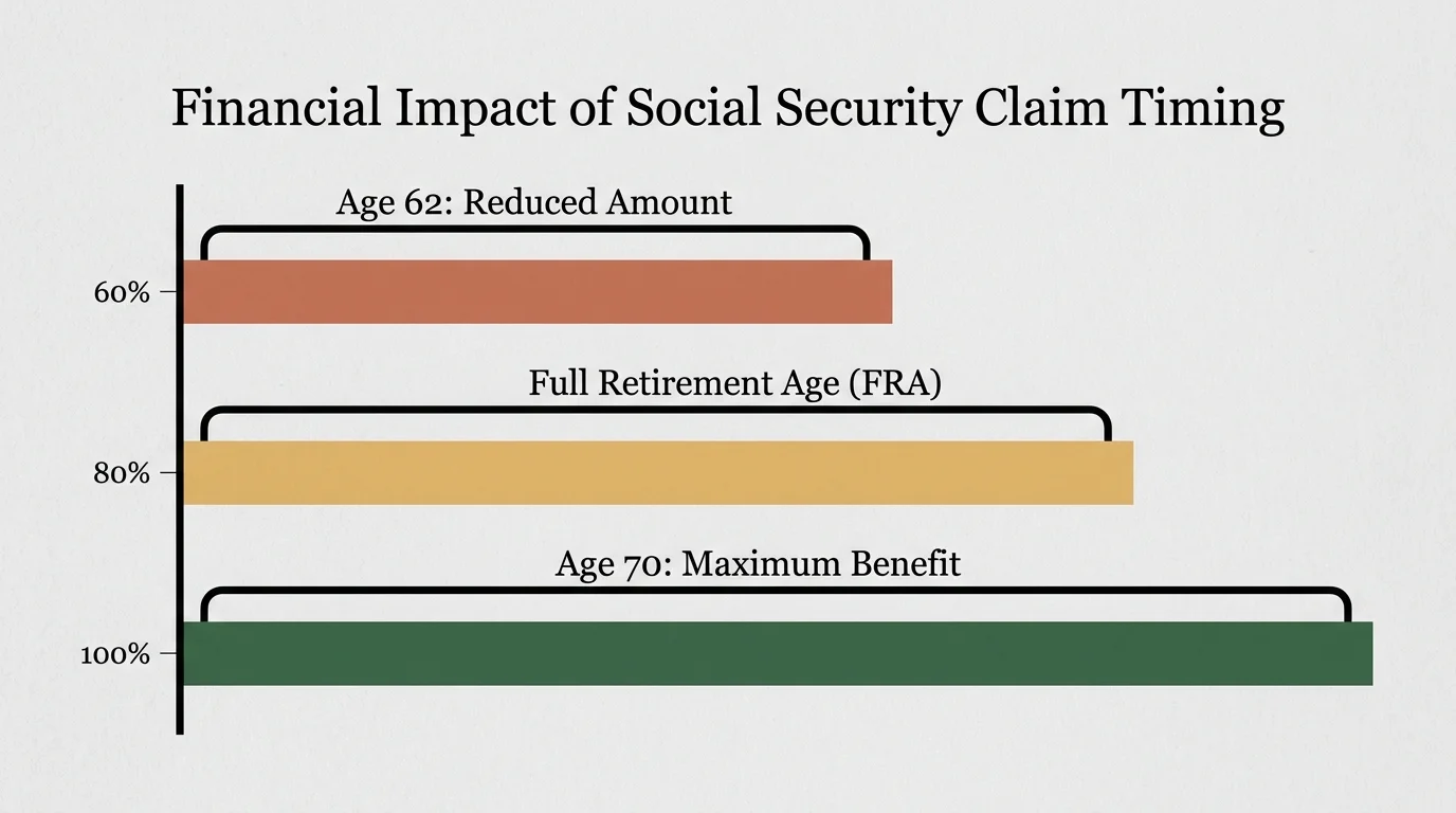 A bar chart comparing Social Security benefit amounts for claiming at age 62, Full Retirement Age, and age 70.